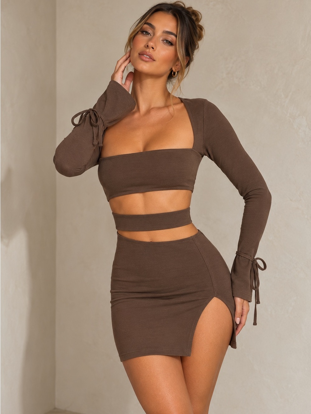 Oh Polly Brown Cutout Tie Sleeve Mini Dress Size 2